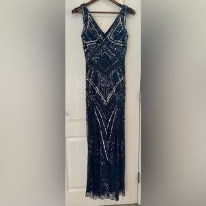 Midnight blue formal, beaded evening gown.